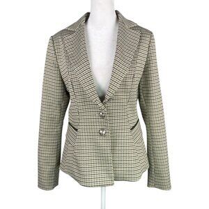 WHBM Signature Blazer 8 Beige Brown Black Houndstooth Check 2 Button Stretch